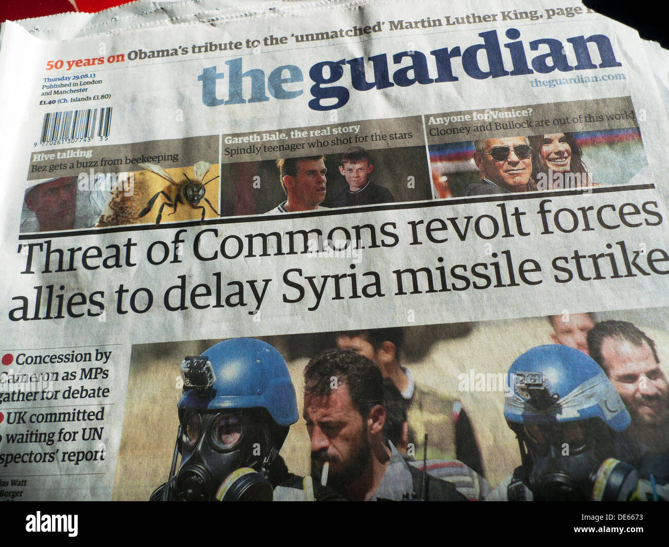 Guardian newspaper headlines front page Syria crisis 29.08.2013 London England UK Stock Photo