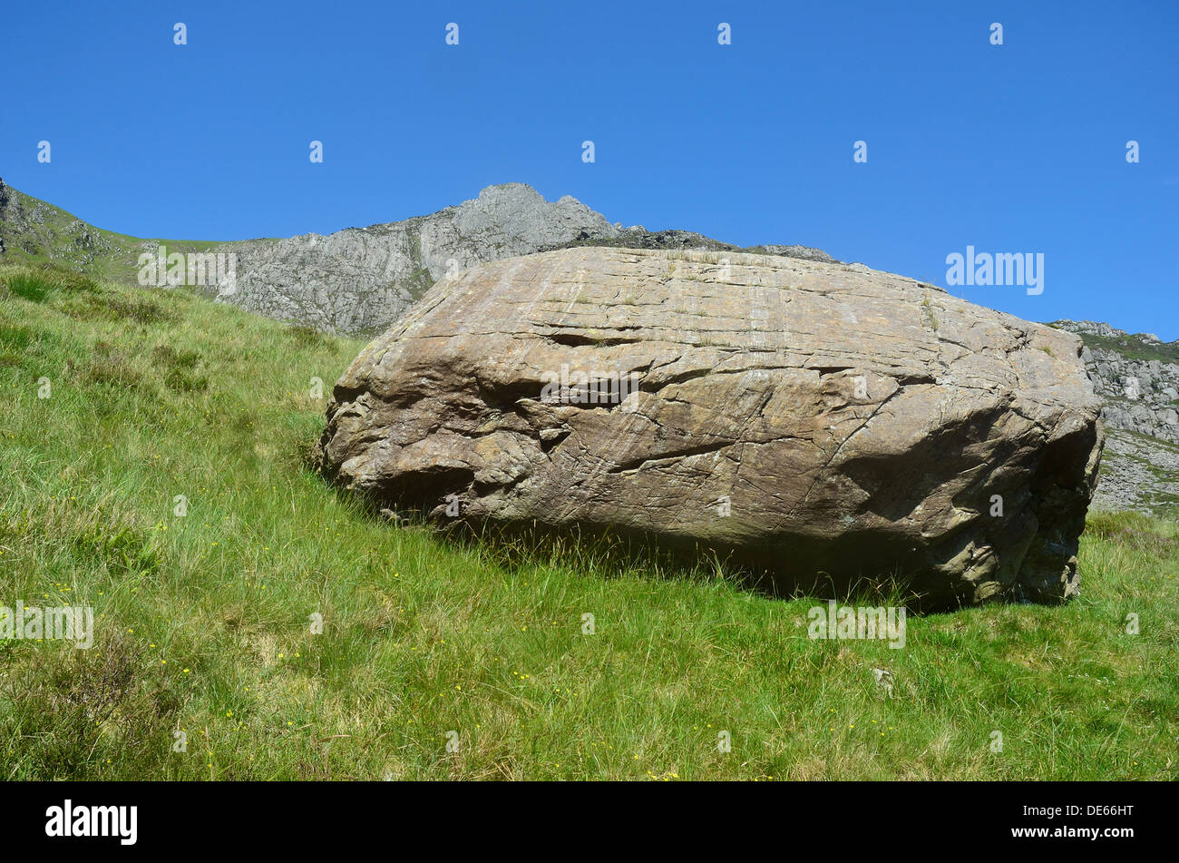 Rock on a grassy slope Stock Photo