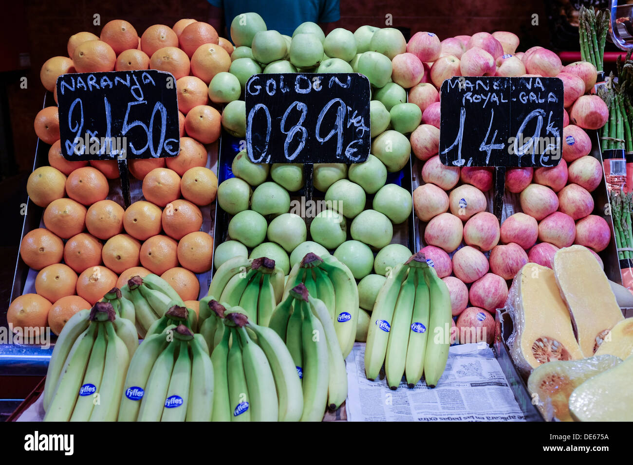 Fruit and vegetable stalls in the markets of La Rambla, Barcelona