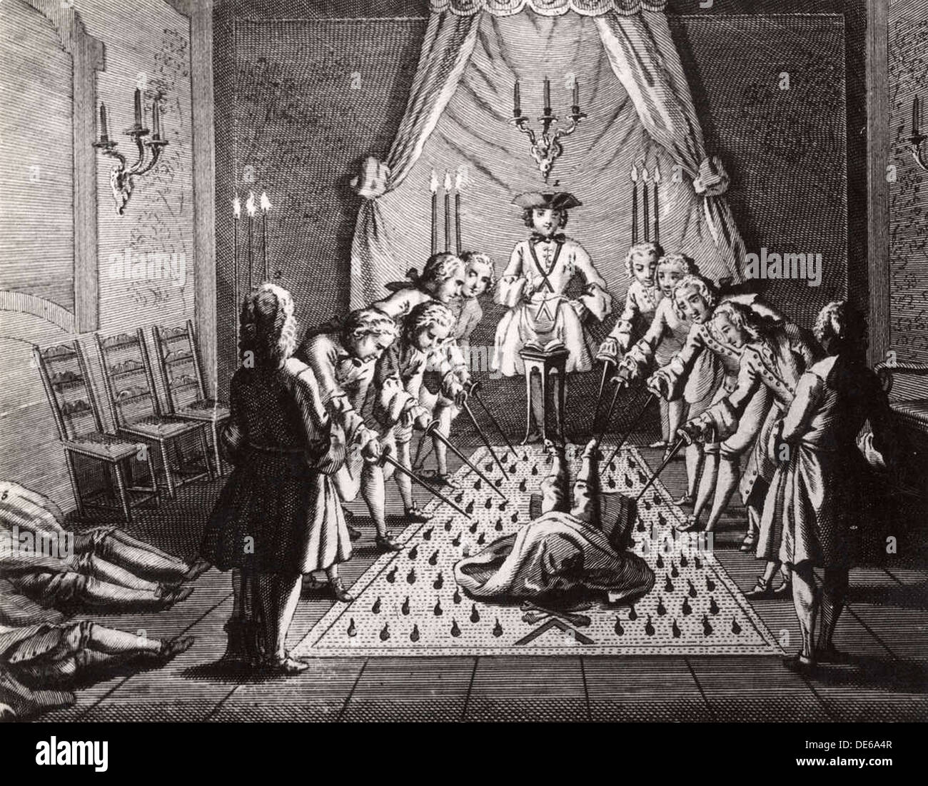 The French Freemasons initiation ceremony, 18th century. Artist: Anonymous Stock Photo
