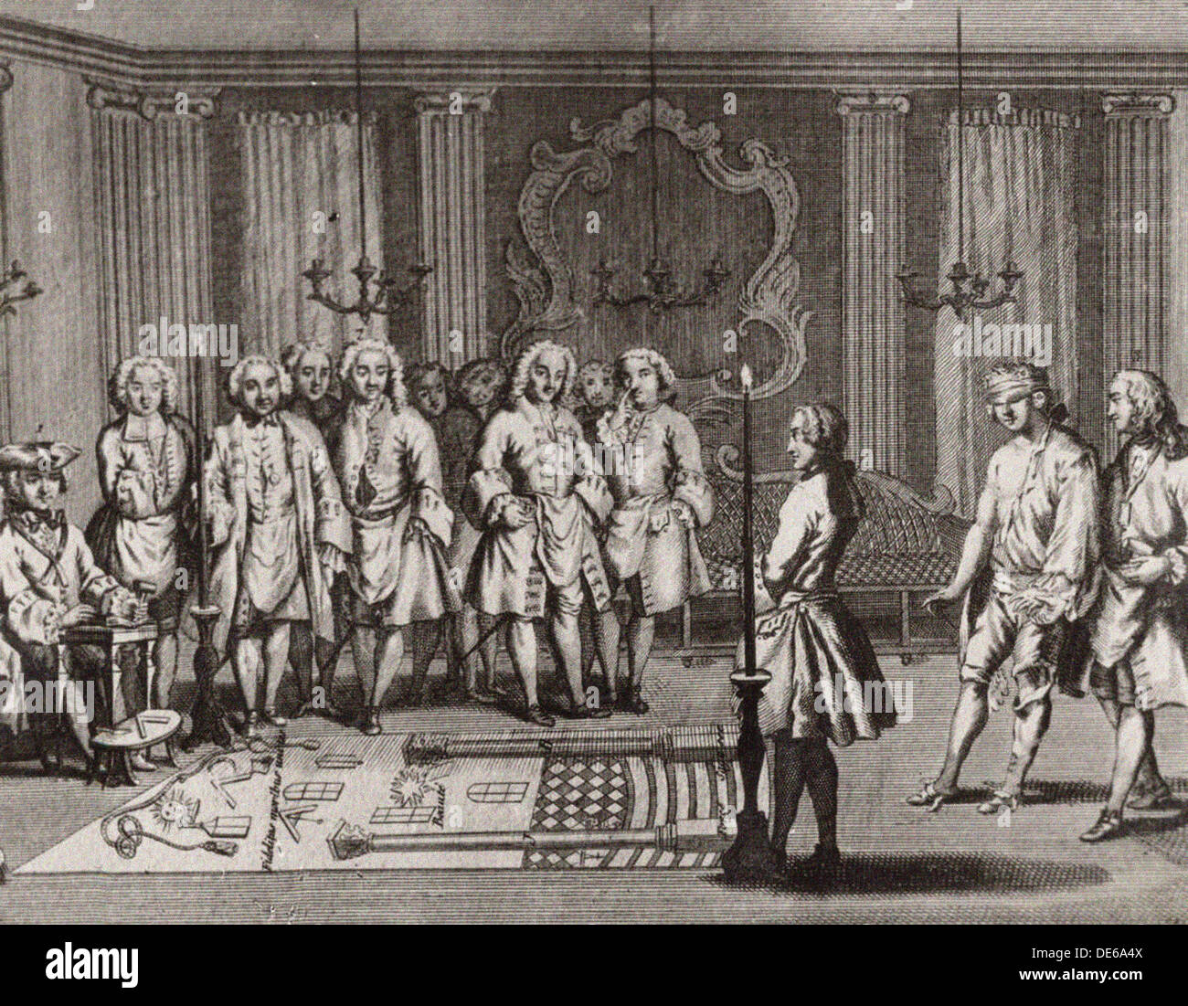 The French Freemasons initiation ceremony, 18th century. Artist: Anonymous Stock Photo