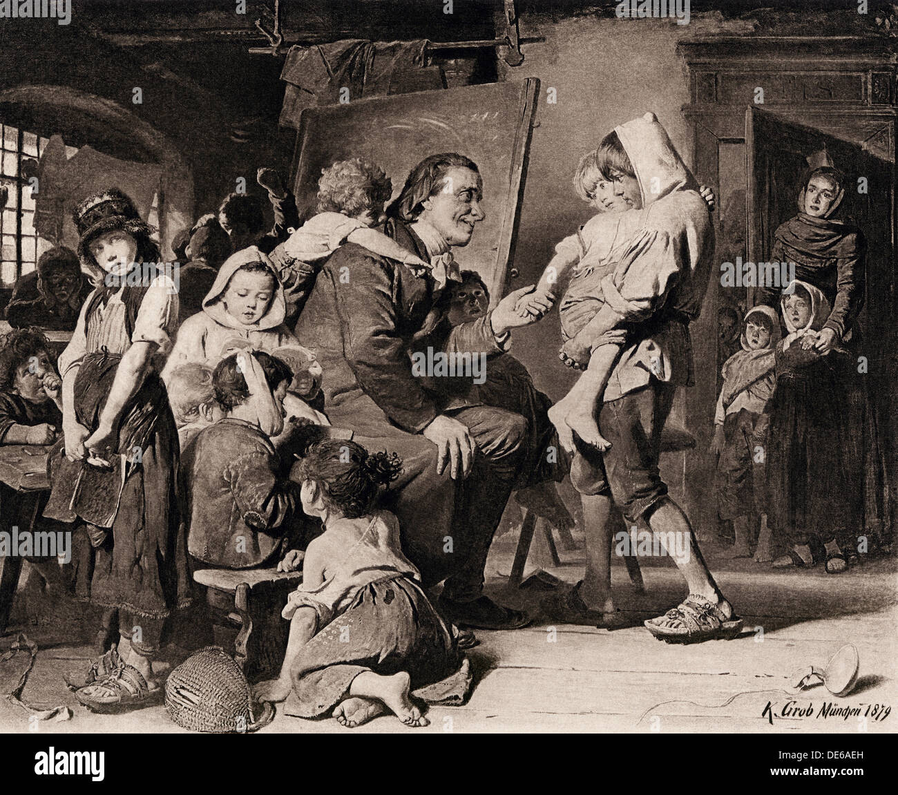 Johann Heinrich Pestalozzi, in his school for orphans at Neuhof, Switzerland. Photogravure of an illustration Stock Photo