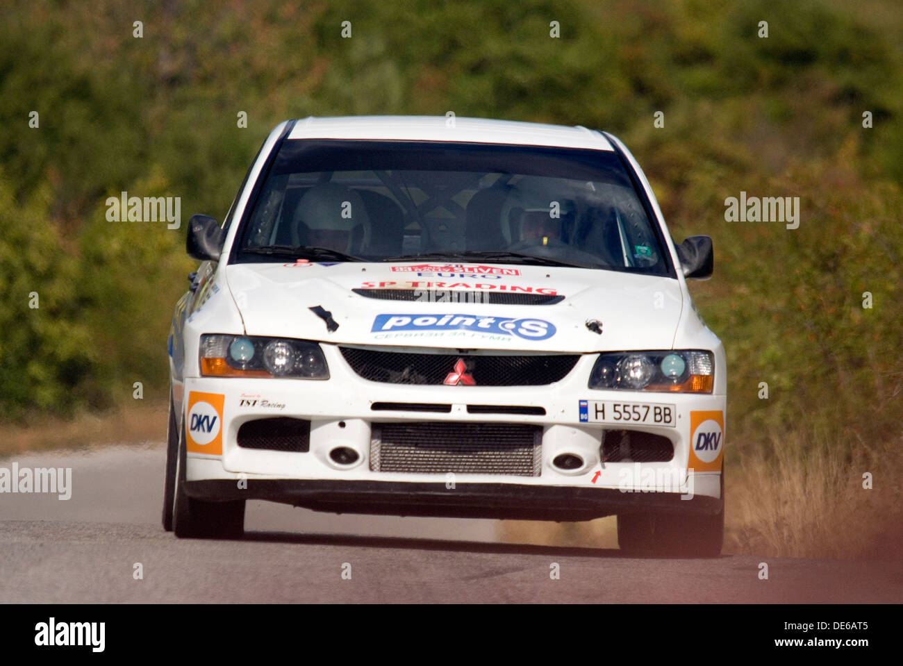 Speeding along the Blue mountain course Rally Sliven 2013 Stock Photo