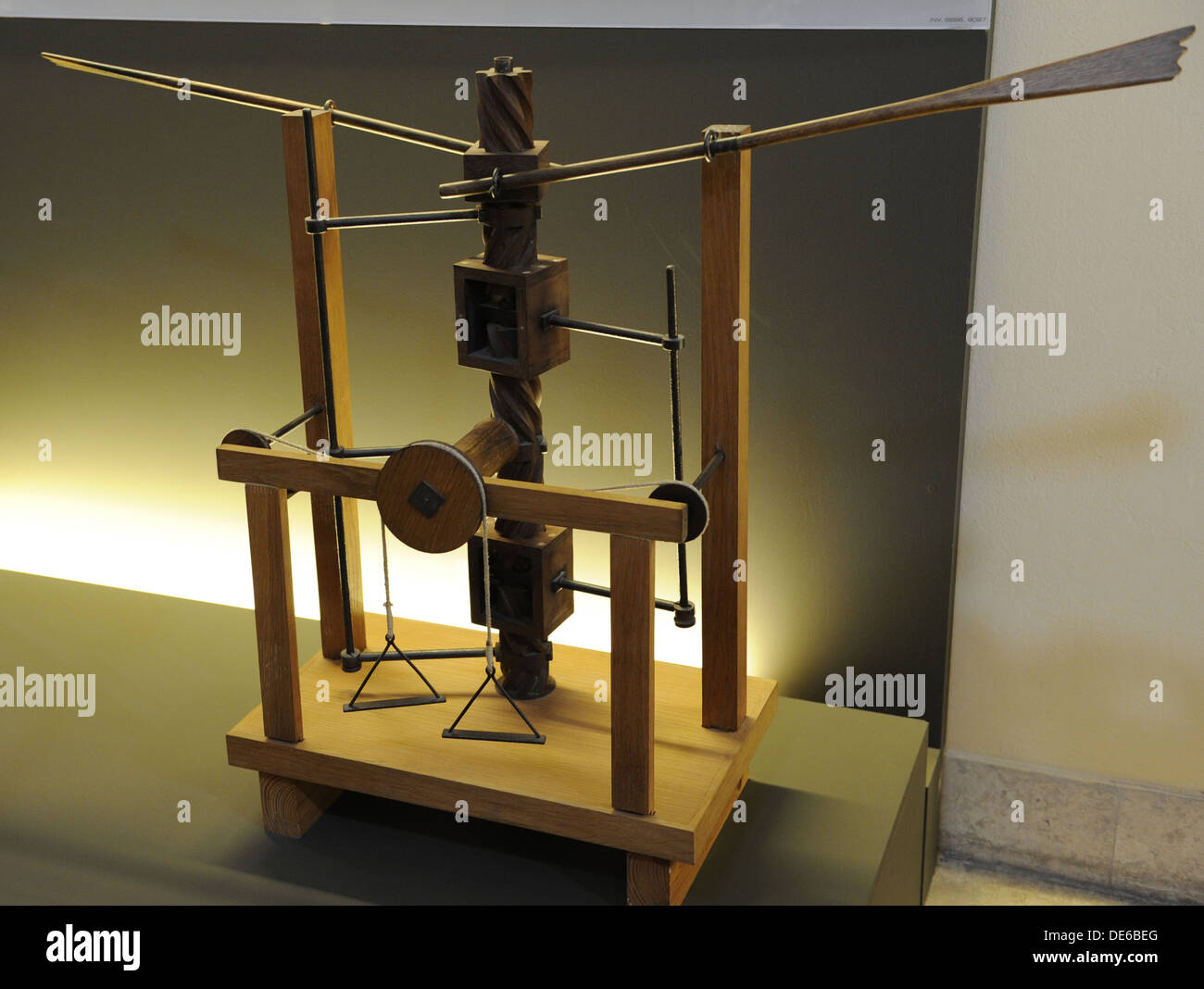 Flying machines. Wing-beating device with a screw and lead screw system. Leonardo da Vinci. Model by Alberto and Somenzi. Stock Photo