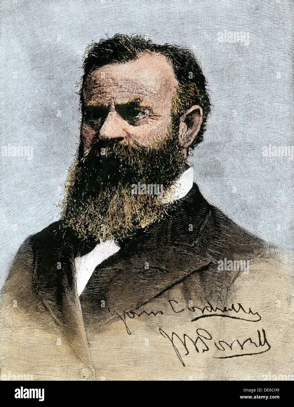 Grand Canyon explorer John Wesley Powell, with his autograph. Hand-colored woodcut of a photograph Stock Photo