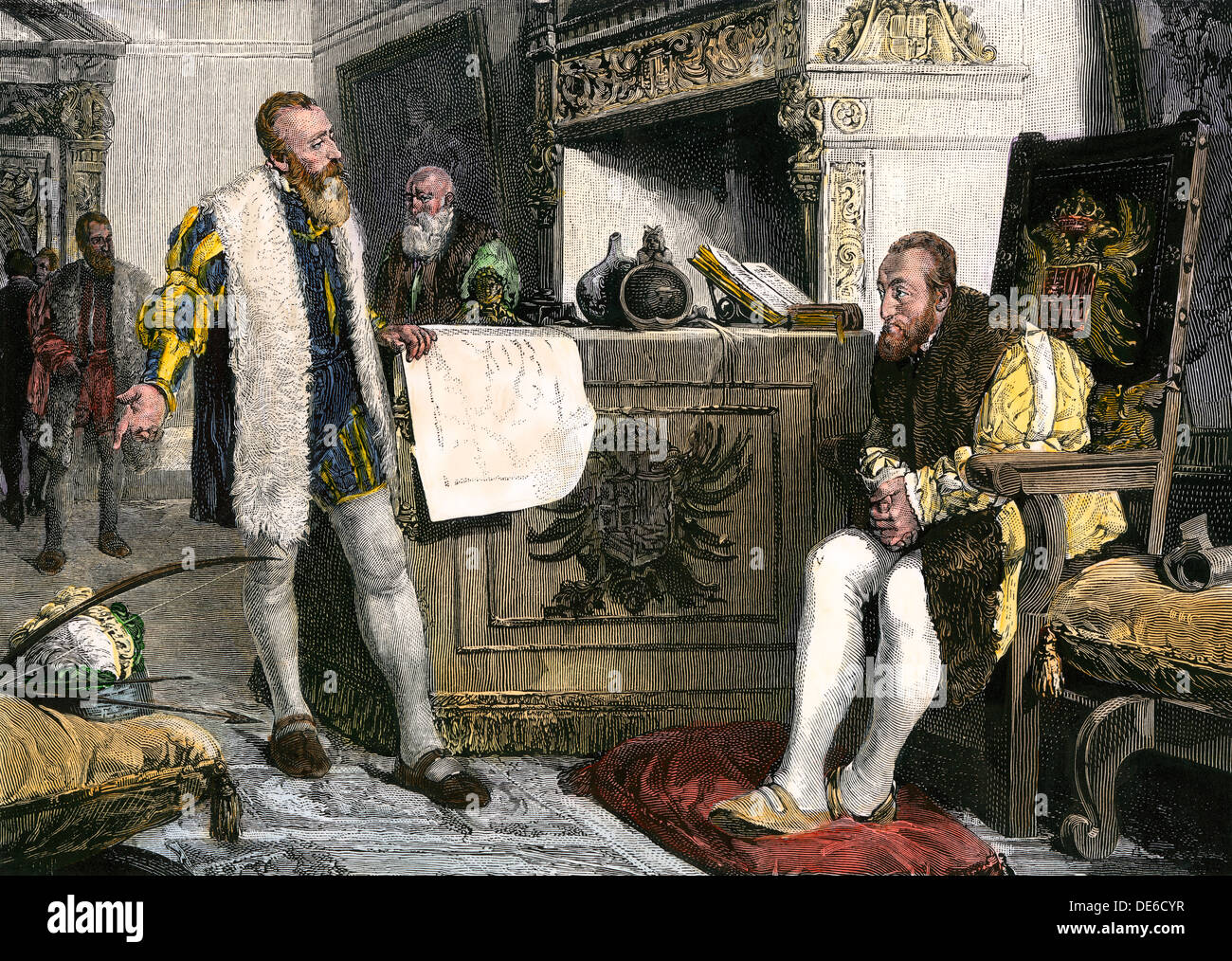Francisco Pizarro with Holy Roman Emperor Charles V (Charles I of Spain). Hand-colored woodcut Stock Photo