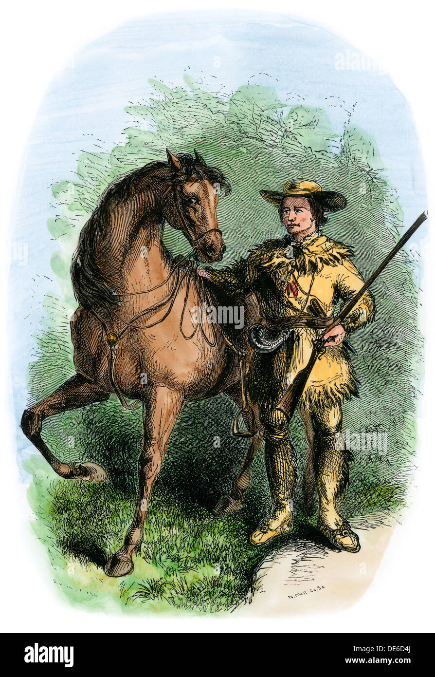Kit Carson and his horse Apache. Hand-colored woodcut Stock Photo