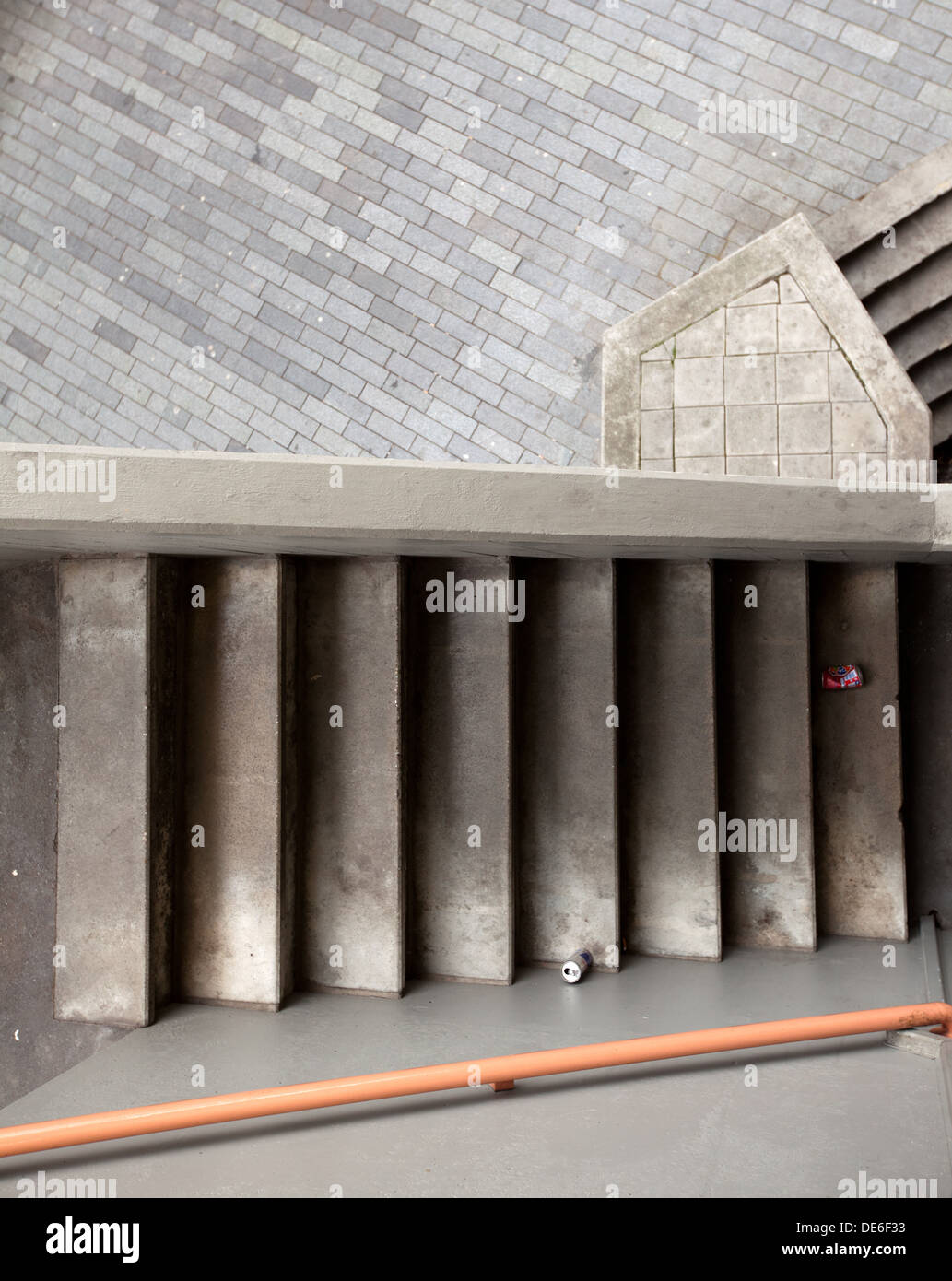 Concrete Steps from above, plus lone can. Stock Photo