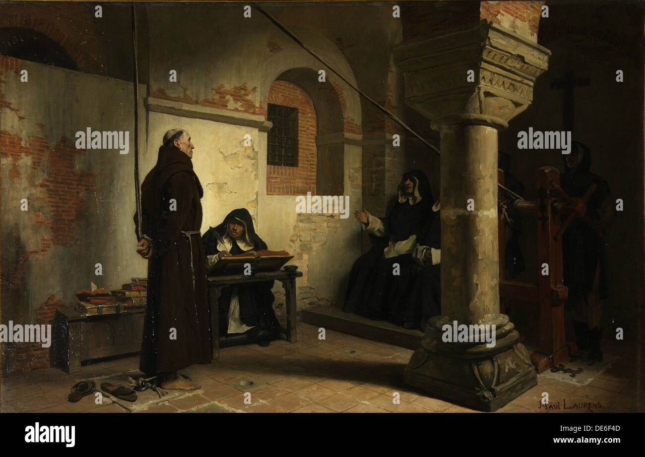 Bernard Délicieux before the Inquisition Tribunal, ca 1881. Artist: Laurens, Jean-Paul (1838-1921) Stock Photo