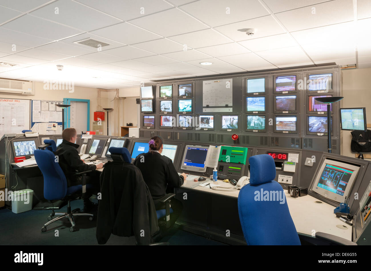 The main security CCTV monitoring room in one of Her Majesty's prisons in Lancashire in the UK. Stock Photo