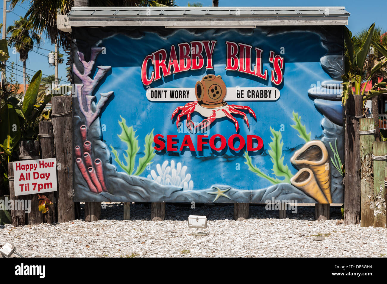 Sign in front of Crabby Bill's Seafood restaurant in tourist area of