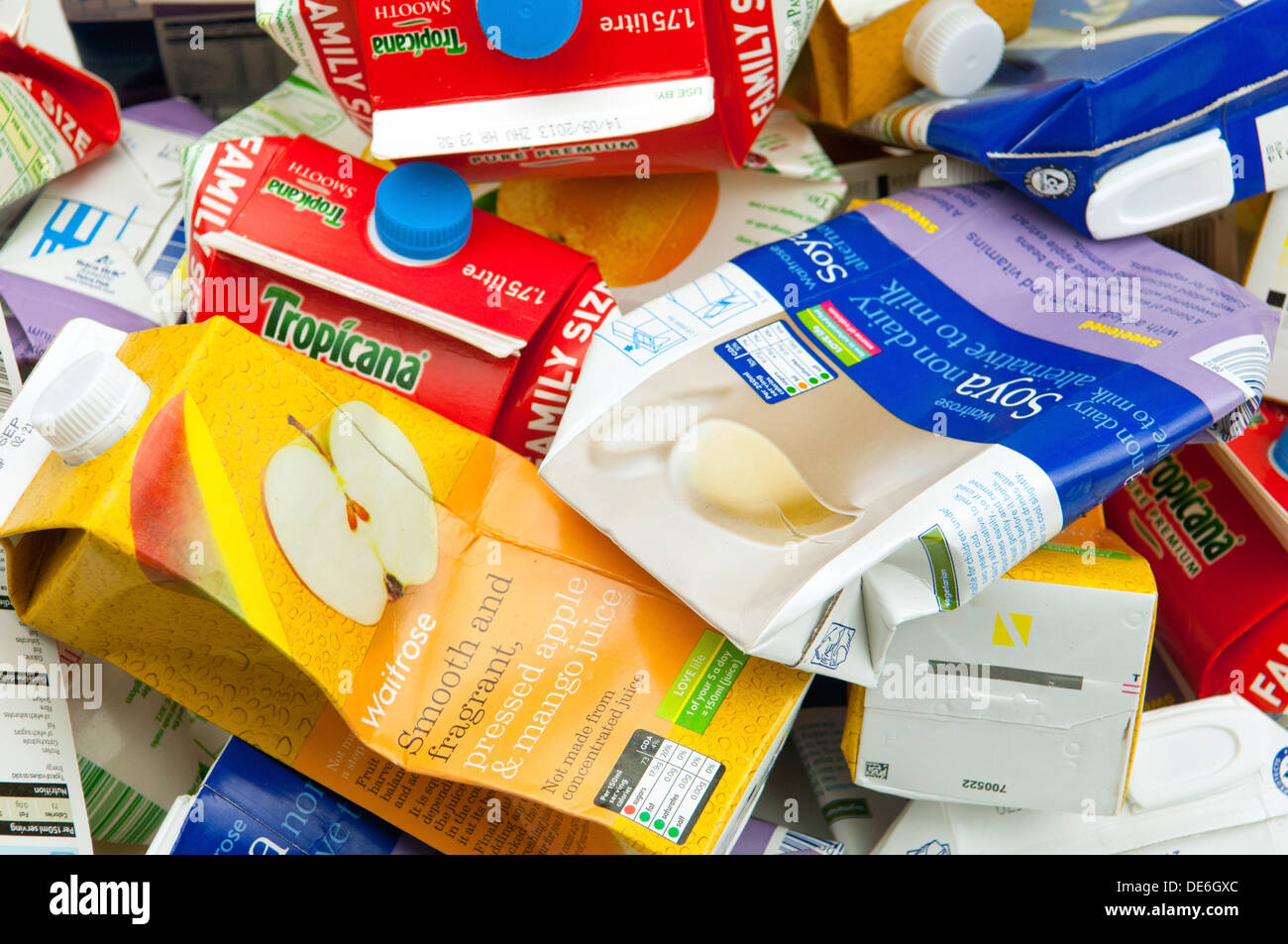 A pile of used drinks cartons ready to be recycled Stock Photo