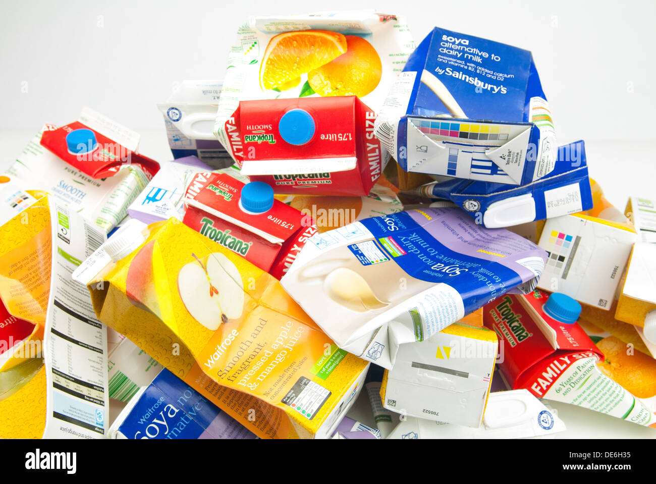 A pile of used drinks cartons ready to be recycled Stock Photo