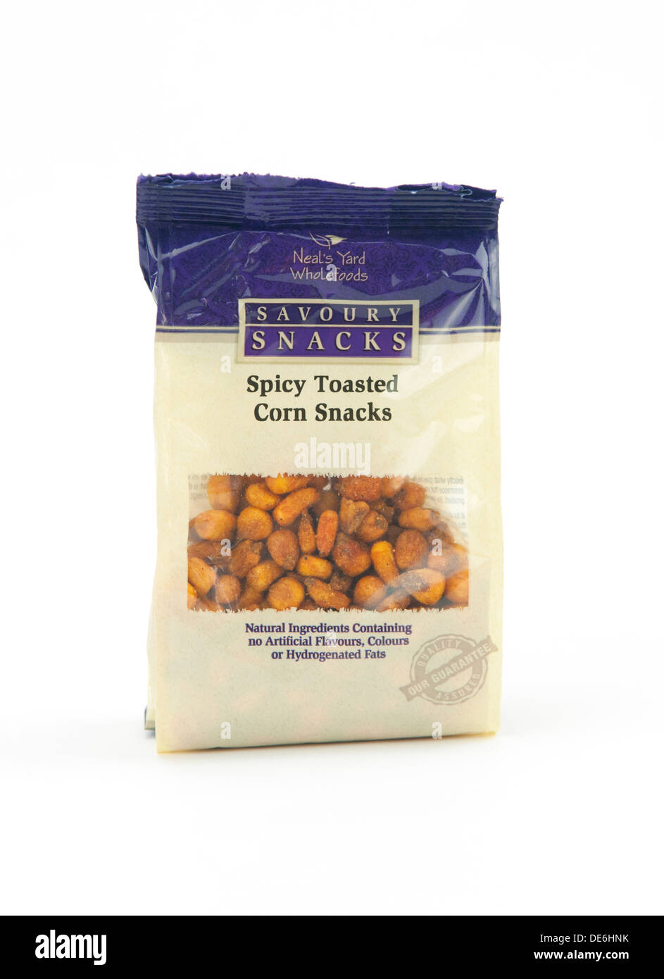 A bag of Neals Yard Wholefoods 'Spicy Toasted Corn Snacks'. Stock Photo