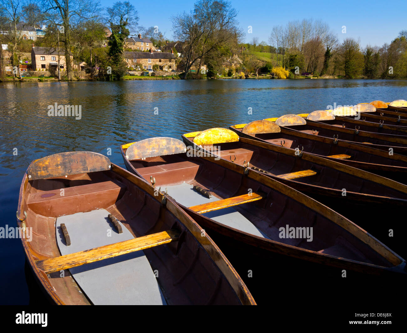 Rowing boats for hire at Riverside Gardens on the River Derwent Belper Derbyshire England UK Stock Photo