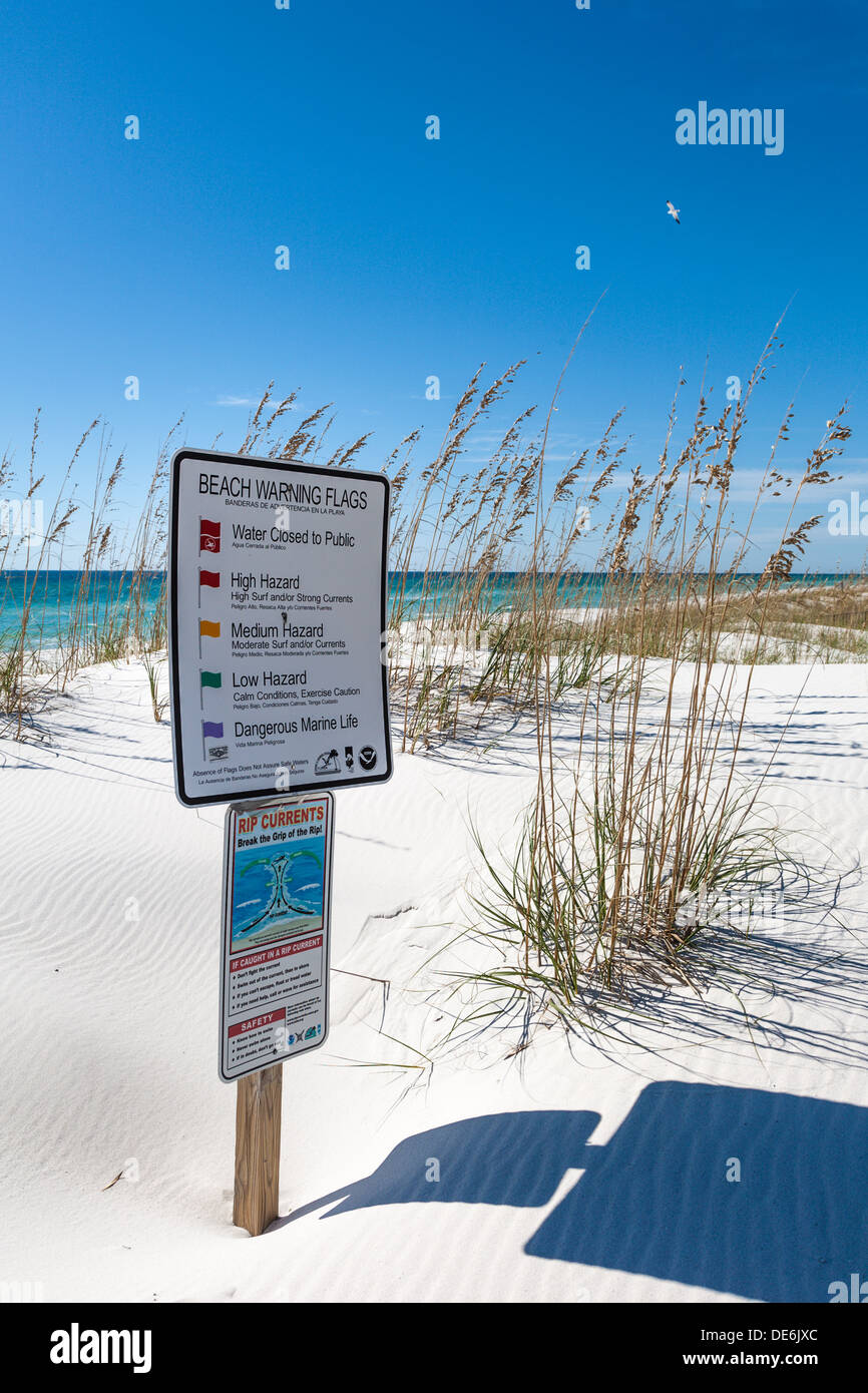 Signs on beach informs of weather warning flags and rip current dangers at Gulf Breeze, Florida Stock Photo