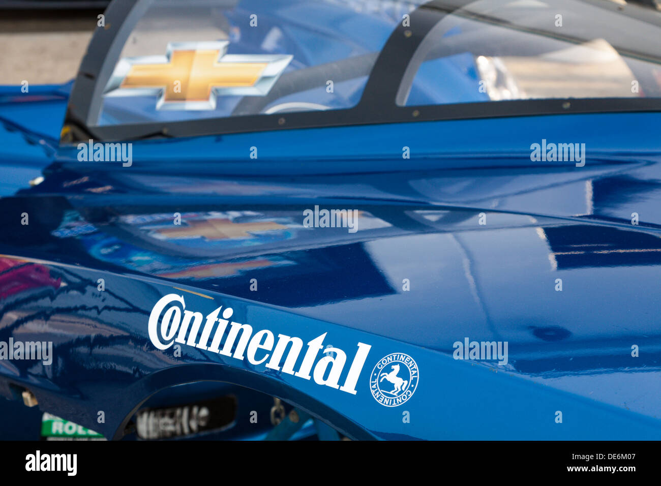 Continental Tire and Chevy logos on race car hood at Daytona International Speedway during the 2012 Rolex 24 at Daytona, Florida Stock Photo