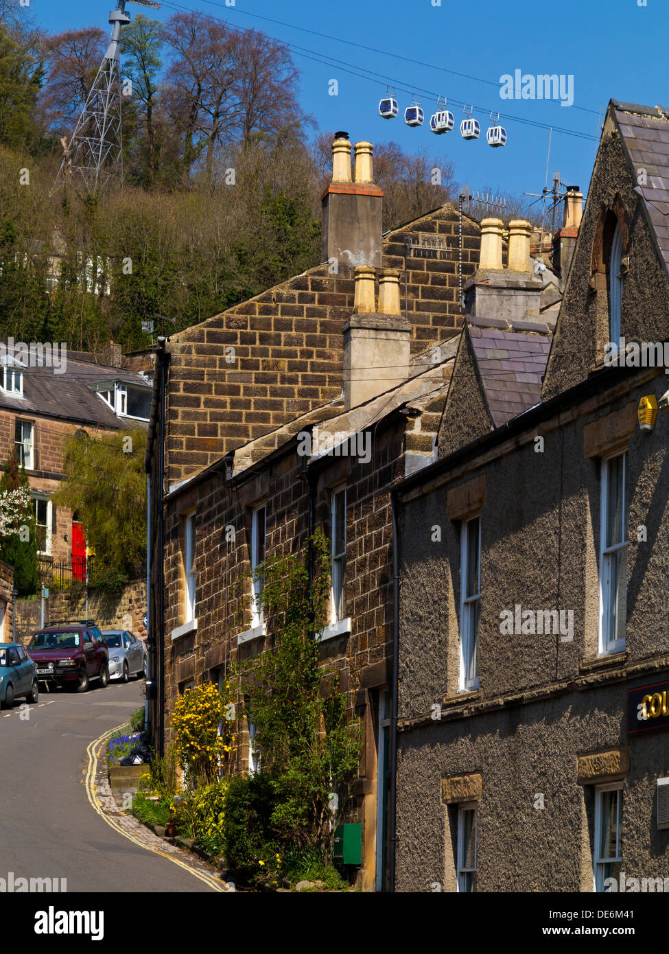 Houses and cable cars on the hills above Matlock Bath a spa resort village in the Peak District