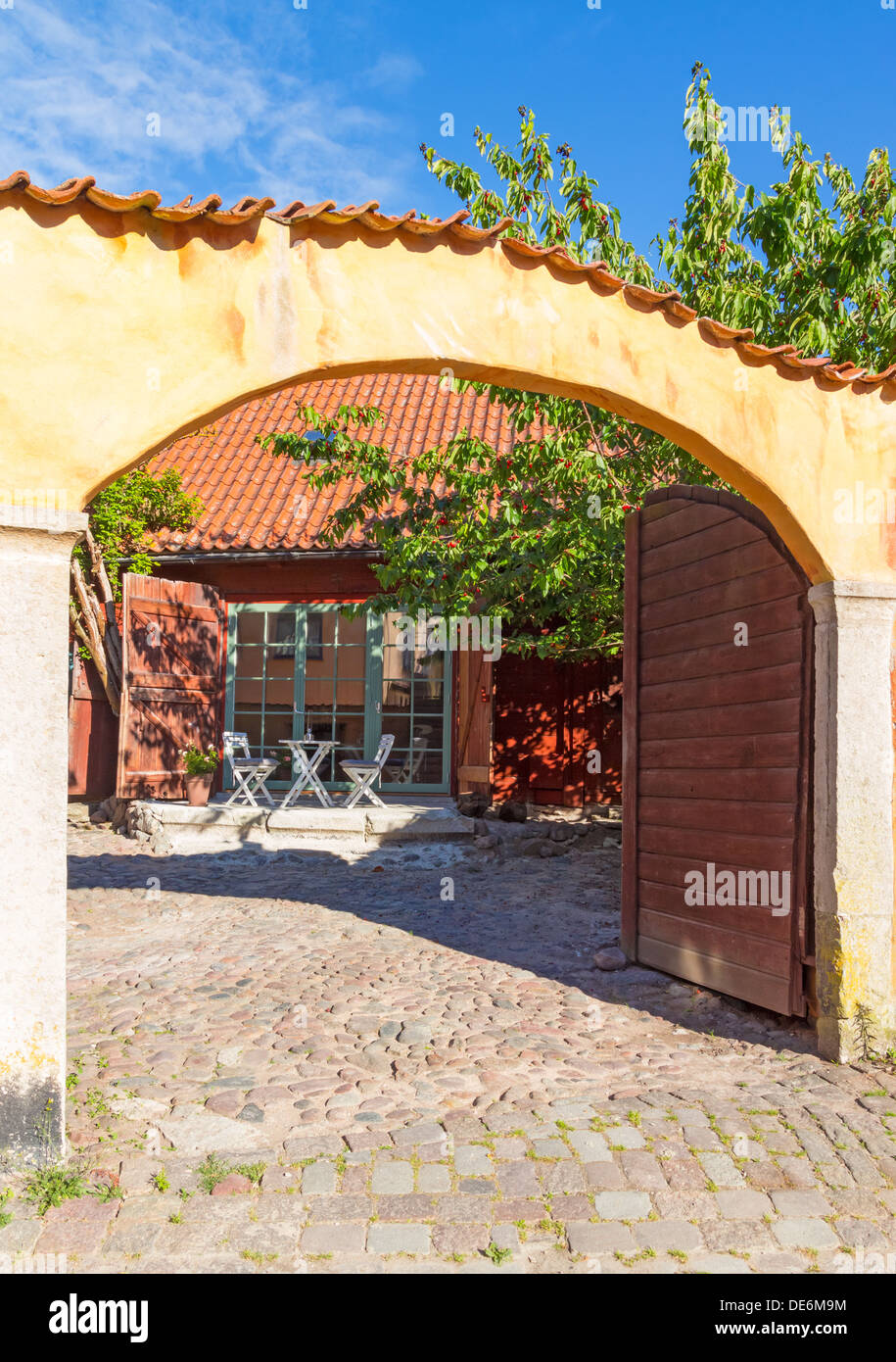 Colorful patio in Visby, a medieval town on the island of Gotland, Sweden. Stock Photo