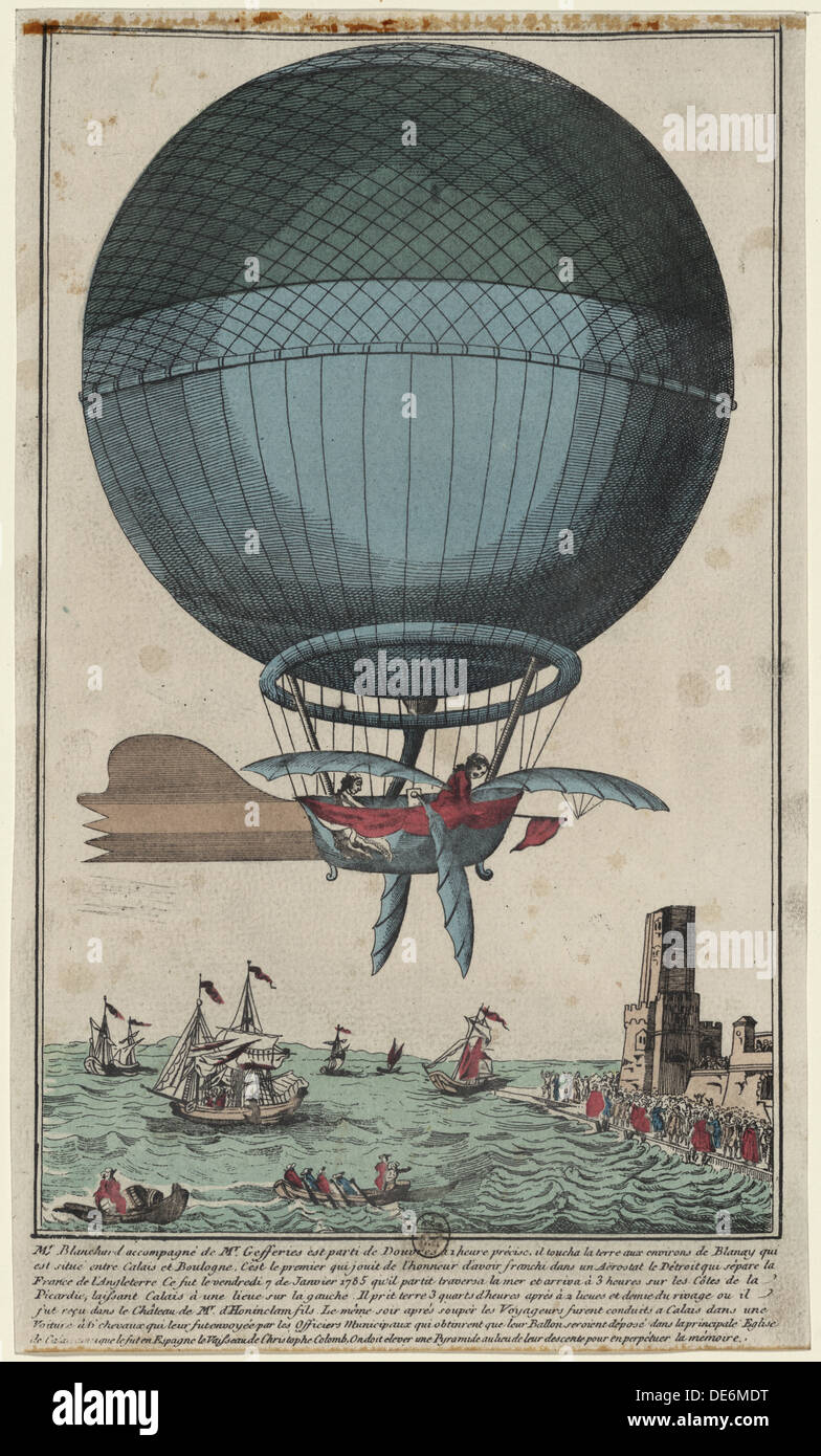 Jean Pierre Blanchard and John Jefferies arriving in Calais after crossing the English Channel in a hot air balloon, 1785. Artist: Anonymous Stock Photo