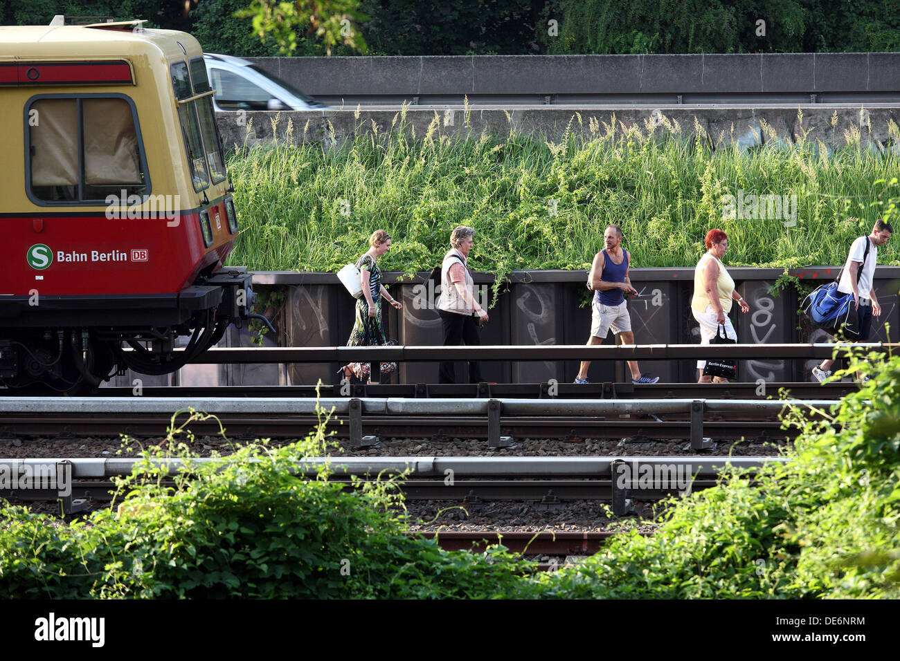 Berlin, Germany, Passengers leave a broken-down train Stock Photo