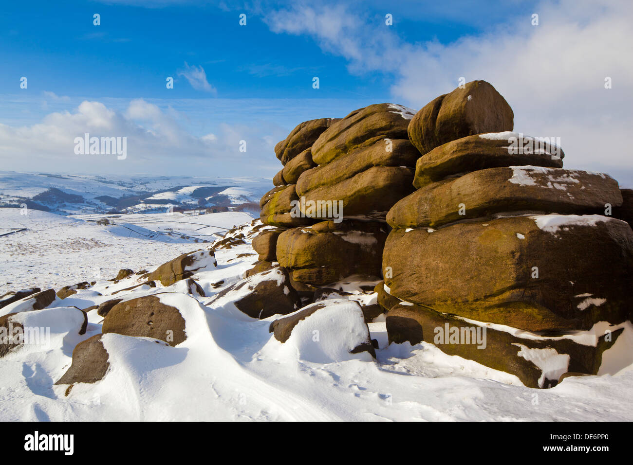 Winter view from 'shelter rock' at Higger Tor near Hathersage on the Yorkshire Derbyshire border, Peak District, UK Stock Photo