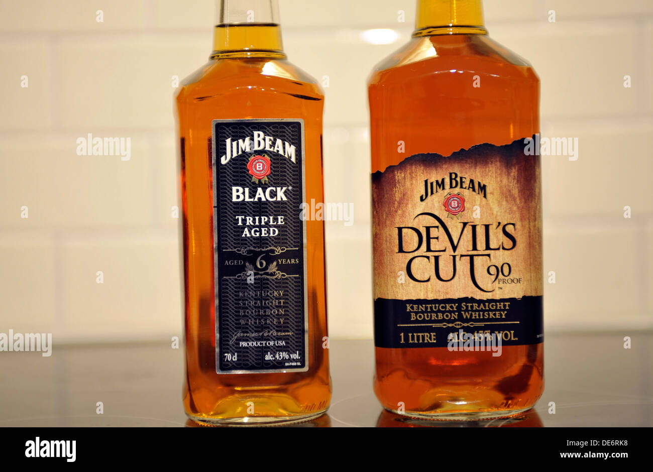 Bottles of Jim Beam Kentucky Straight Bourbon. Triple aged 6 year old Black (left) Devil's Cut. Stock Photo