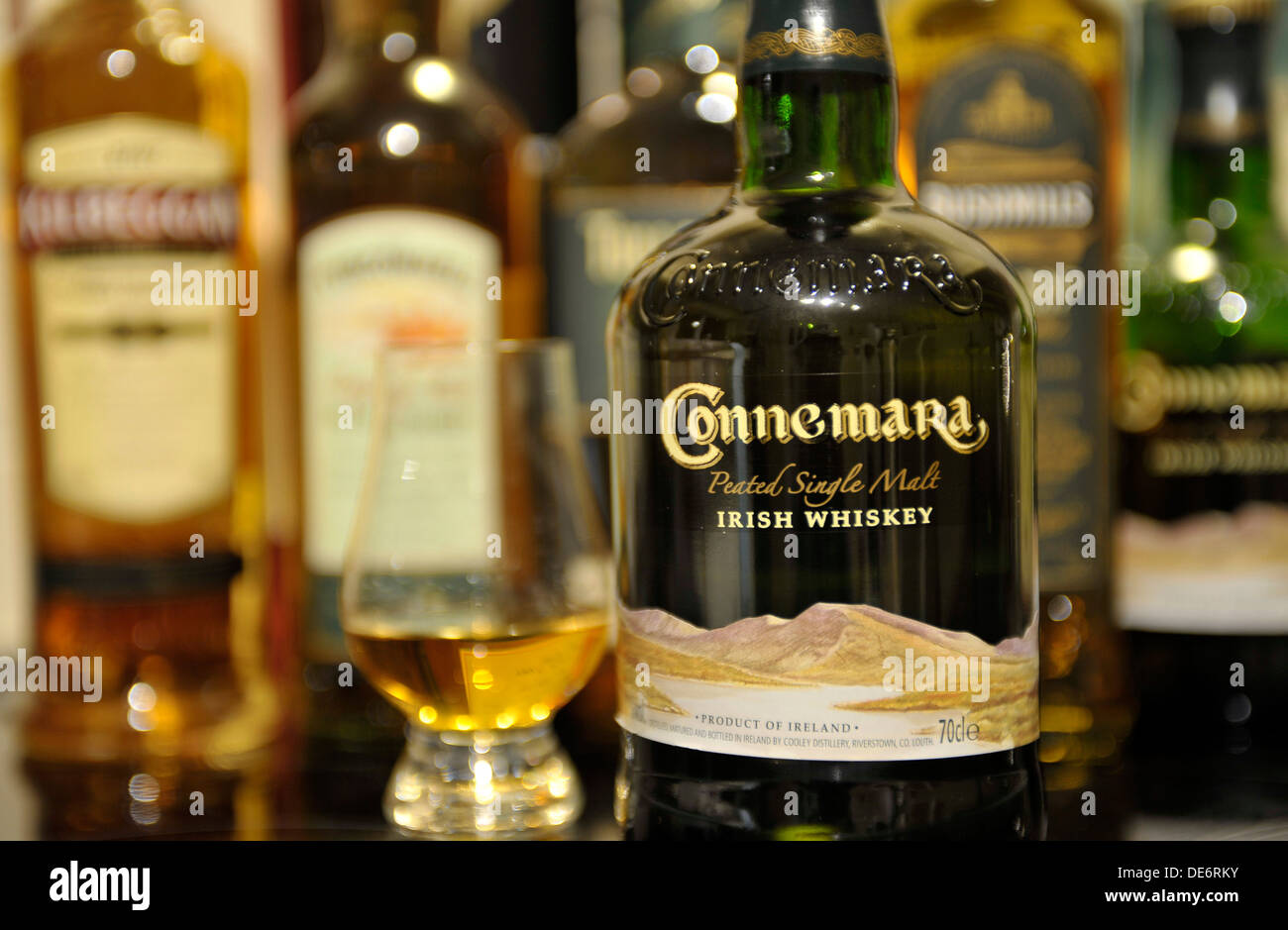 Bottle of Connemara peated single malt whiskey, produced at the Cooley distillery, County Louth, Ireland. Stock Photo