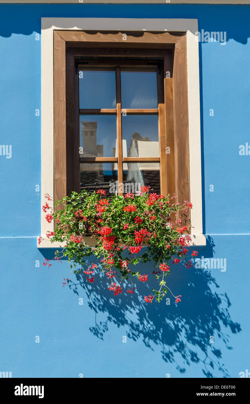 Decorative vintage window on the facade of a building in Sighisoara, Transylvania,Romania Stock Photo