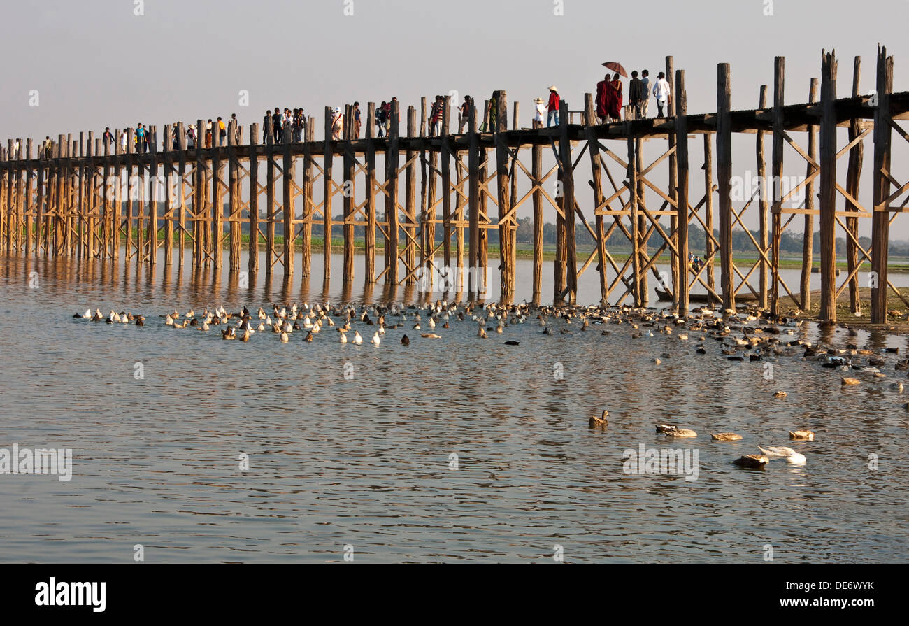U Bien pedestrian bridge made of teak wood, on duck-filled Taungthaman Lake at Amarapura, near Mandalay. Stock Photo