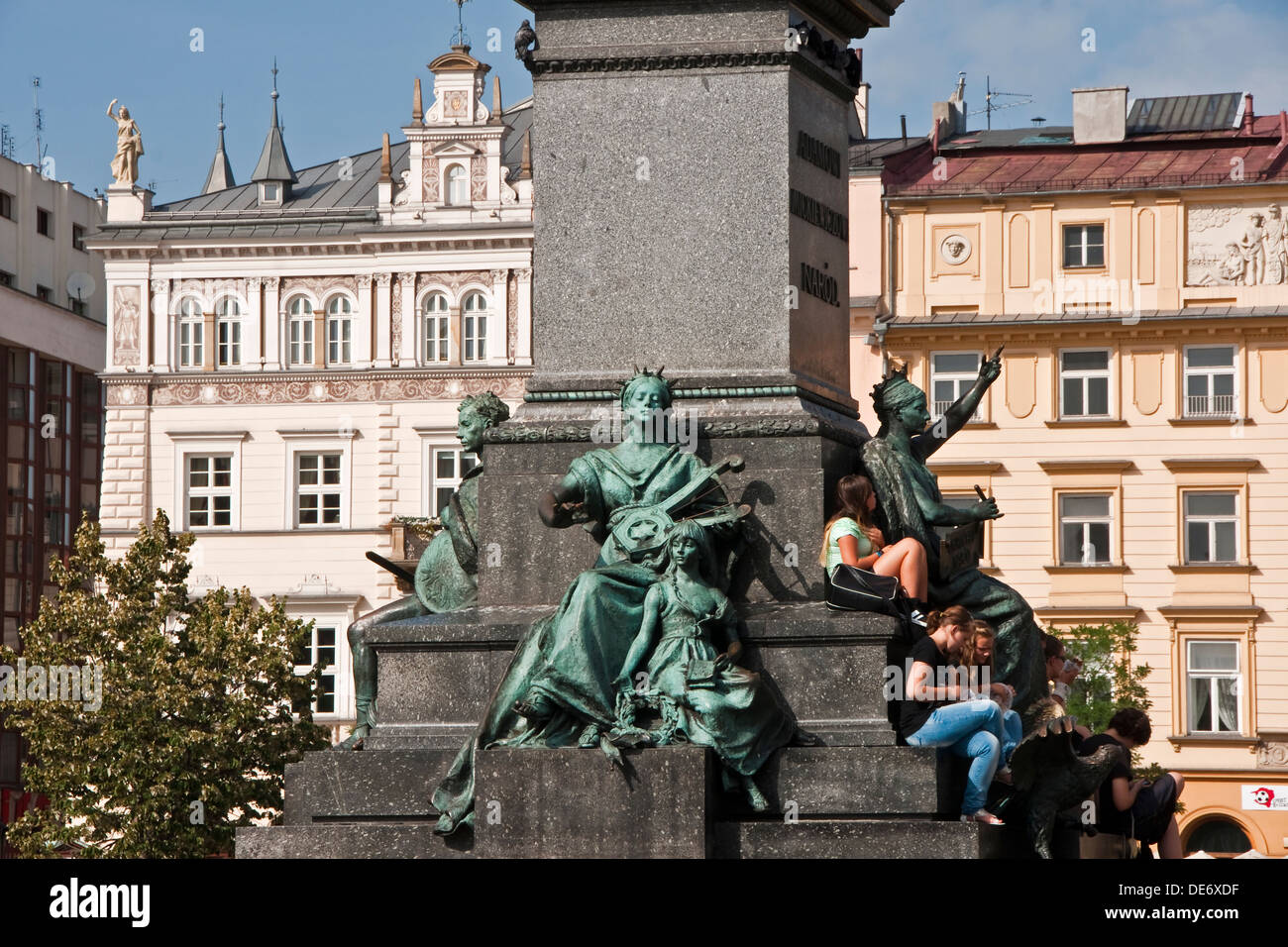Krakow's Main Market Square (Rynek Glowny) with statues. Stock Photo