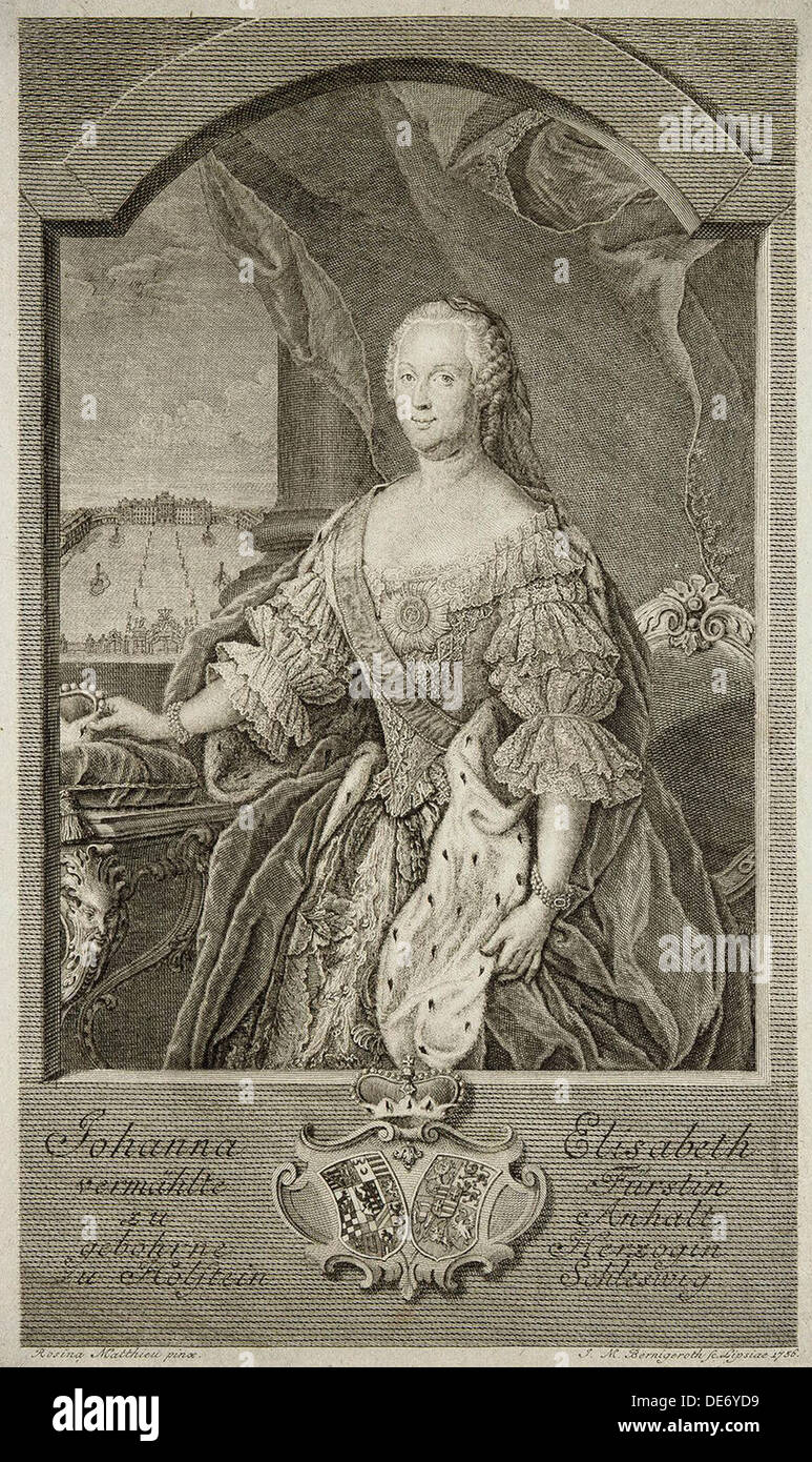 Portrait of Johanna-Elizabeth, Electress of Anhalt-Zerbst (1712-1760), Mother of Catherine II, 1756. Artist: Bernigeroth, Johann Martin (1713-1767) Stock Photo