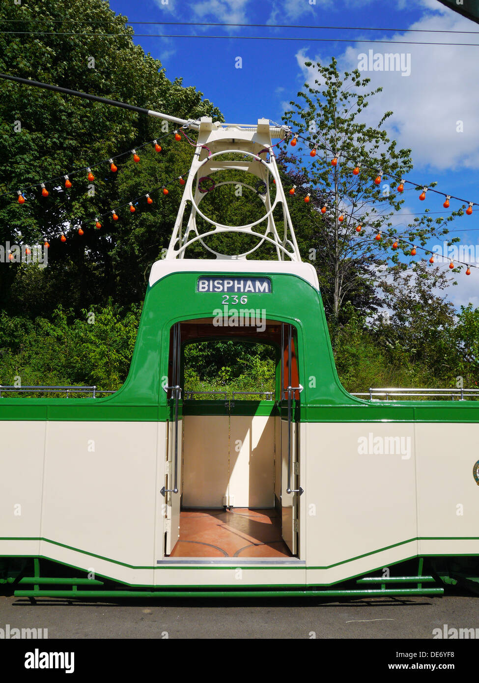 Cream and Green Vintage BlackPool Tram at the Crich Tramway Village, Derbyshire, United Kingdom, UK Stock Photo