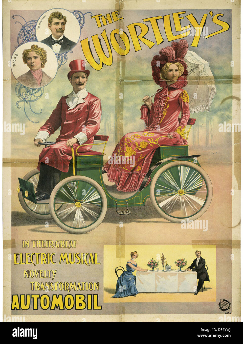 The Wortley's in their great electric musical novelty transformation Automobil, 1896. Artist: Friedländer, Adolph (1851-1904) Stock Photo