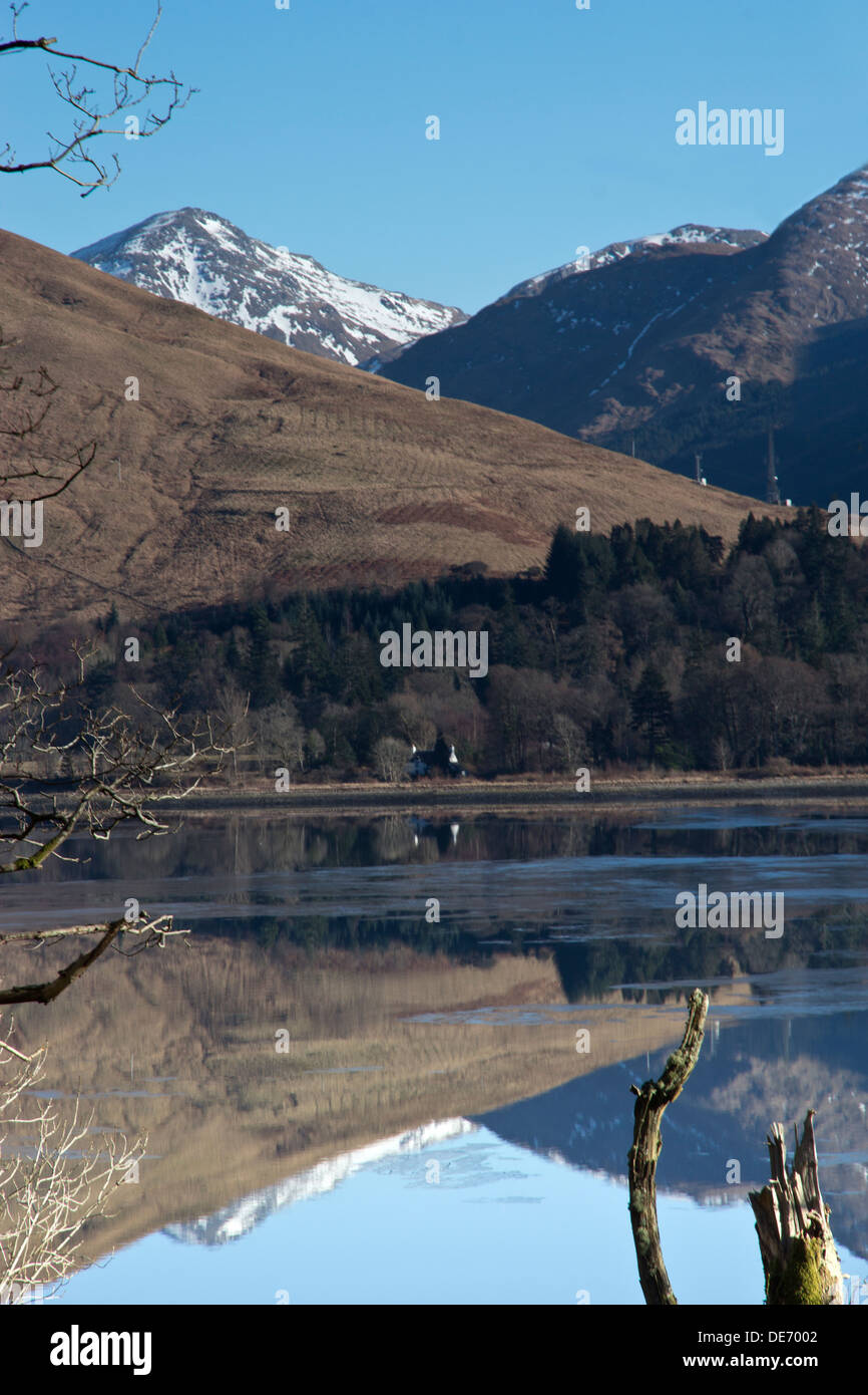 Snow topped mountain reflections near Inveraray Stock Photo