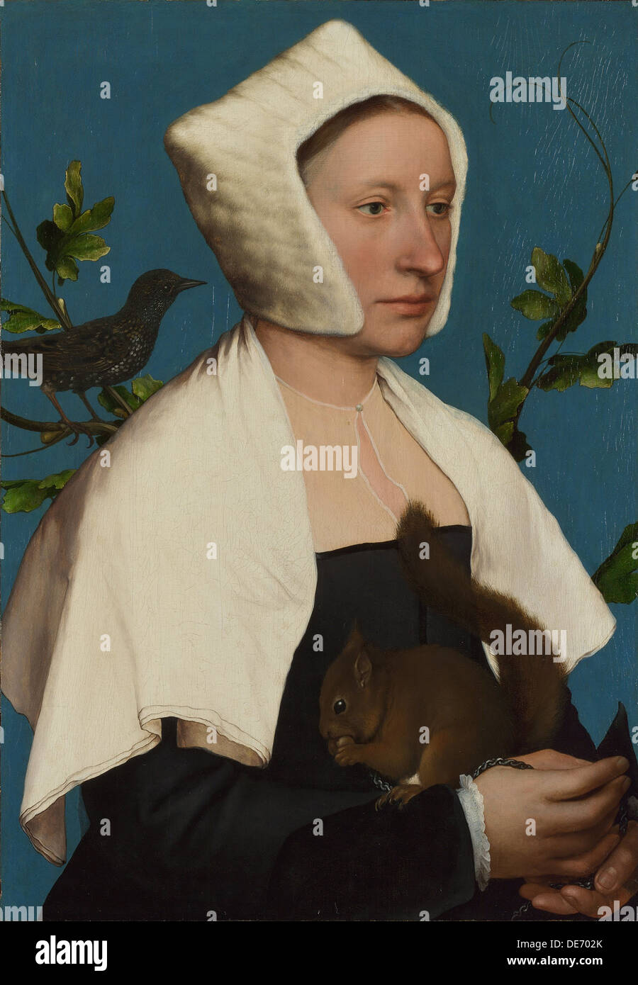 A Lady with a Squirrel and a Starling (Anne Lovell?), c. 1527. Artist: Holbein, Hans, the Younger (1497-1543) Stock Photo