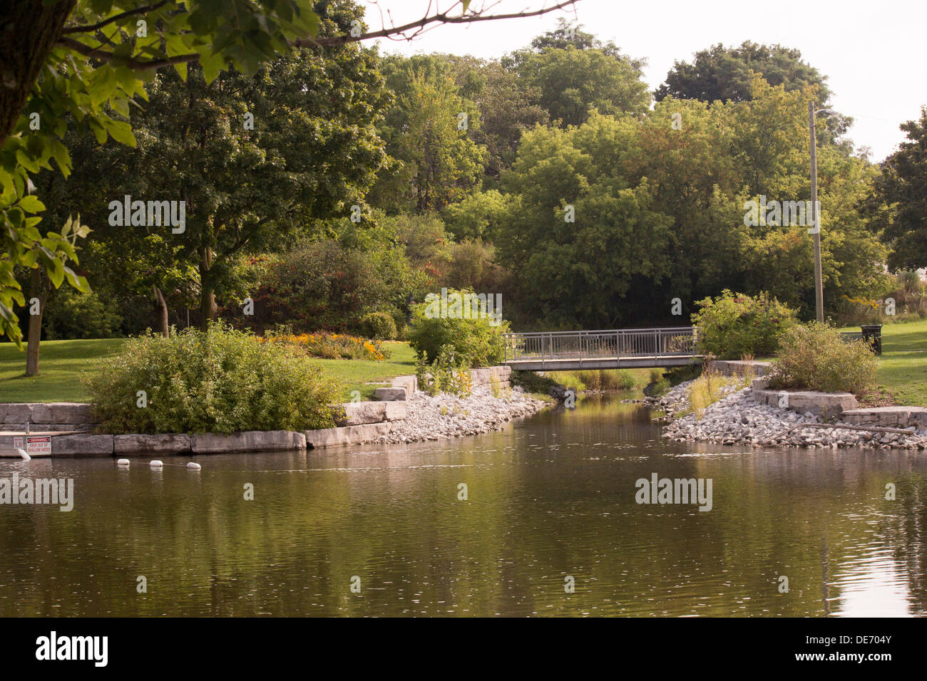 Riviera Park with bridge over river in Lindsay, Ontario in Kawartha Lakes Stock Photo
