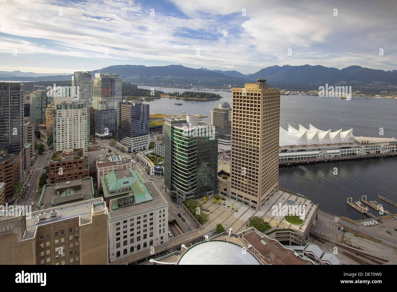 Vancouver BC Canada City Downtown with Stanley Park and Grouse Mountain Scenic View Stock Photo