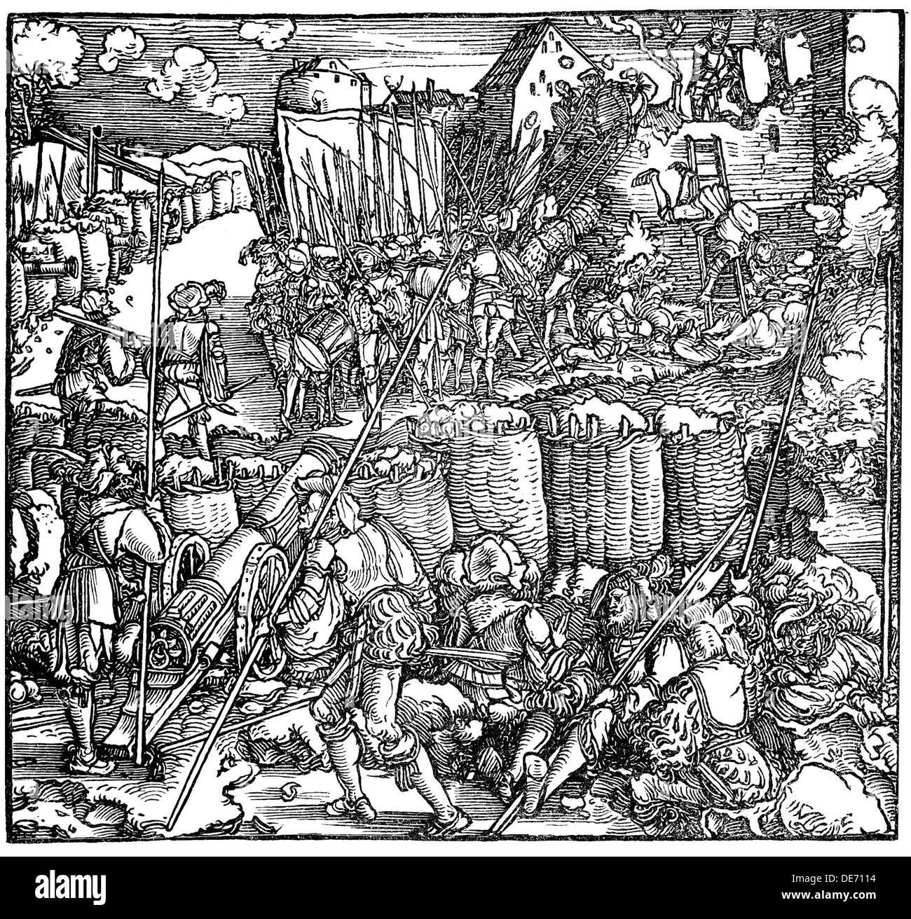 Siege of a fortress. Illustration from the book Phisicke Against Fortune by Petrarch, 1532. Artist: Weiditz, Hans, the Younger (c. 1500-1536) Stock Photo