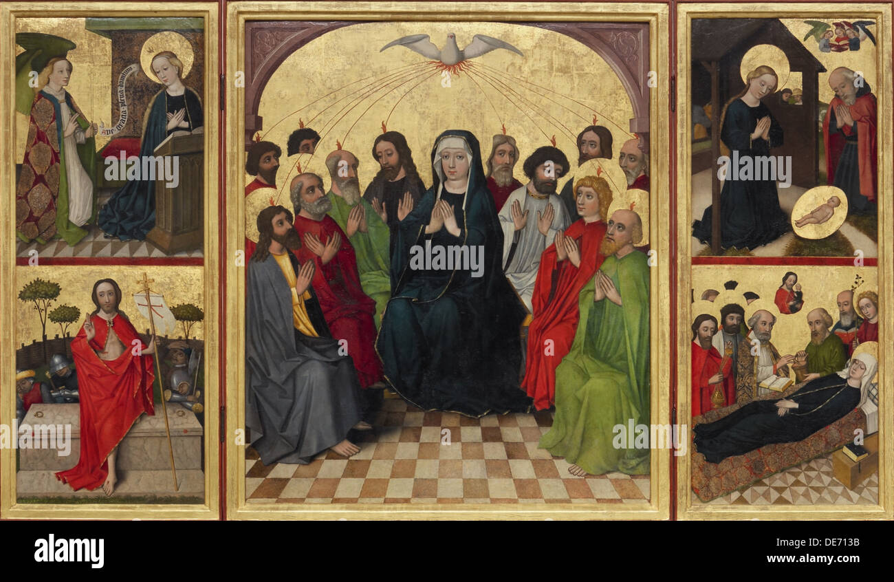 Retable of the Holy Spirit (open). Pentecost, Annunciation, Nativity, Resurrection of Christ and Death of the Virgin, c. 1448. Artist: Workshop of the Stock Photo