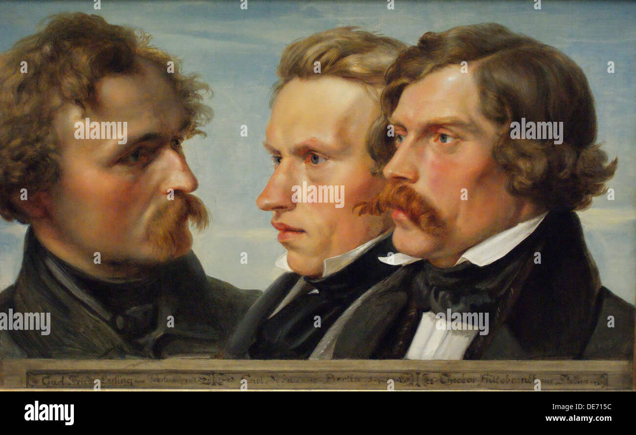 Young Düsseldorf. Group portrait of the painters Karl Friedrich Lessing, Carl Ferdinand Sohn and Theodor Hildebrandt, 1839. Artist: Huebner, Julius ( Stock Photo