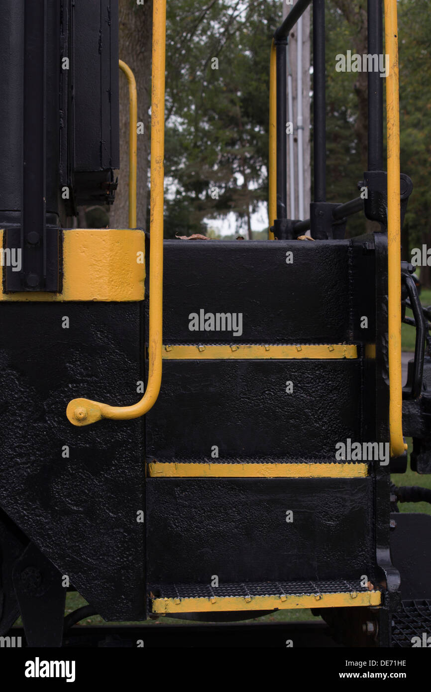 Steps up to the cab of a diesel locomotive of a CN trail at Memorial Park, Lindsay, Ontario in Kawartha Lakes Stock Photo