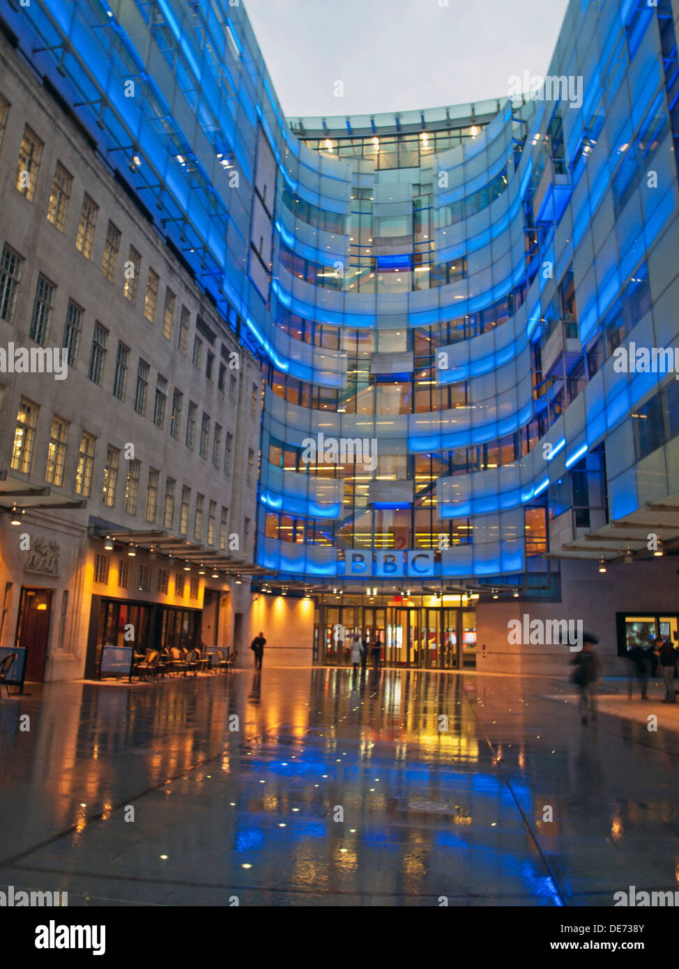 Illuminated view of the BBC Broadcasting House East Wing, Langham Place, City of Westminster, London, England, United Kingdom Stock Photo