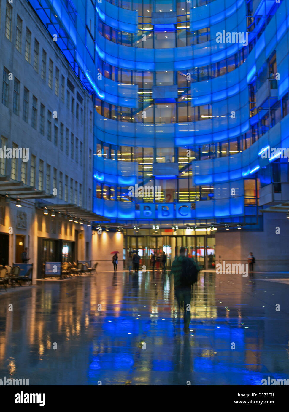 Illuminated view of the BBC Broadcasting House East Wing, Langham Place, City of Westminster, London, England, United Kingdom Stock Photo
