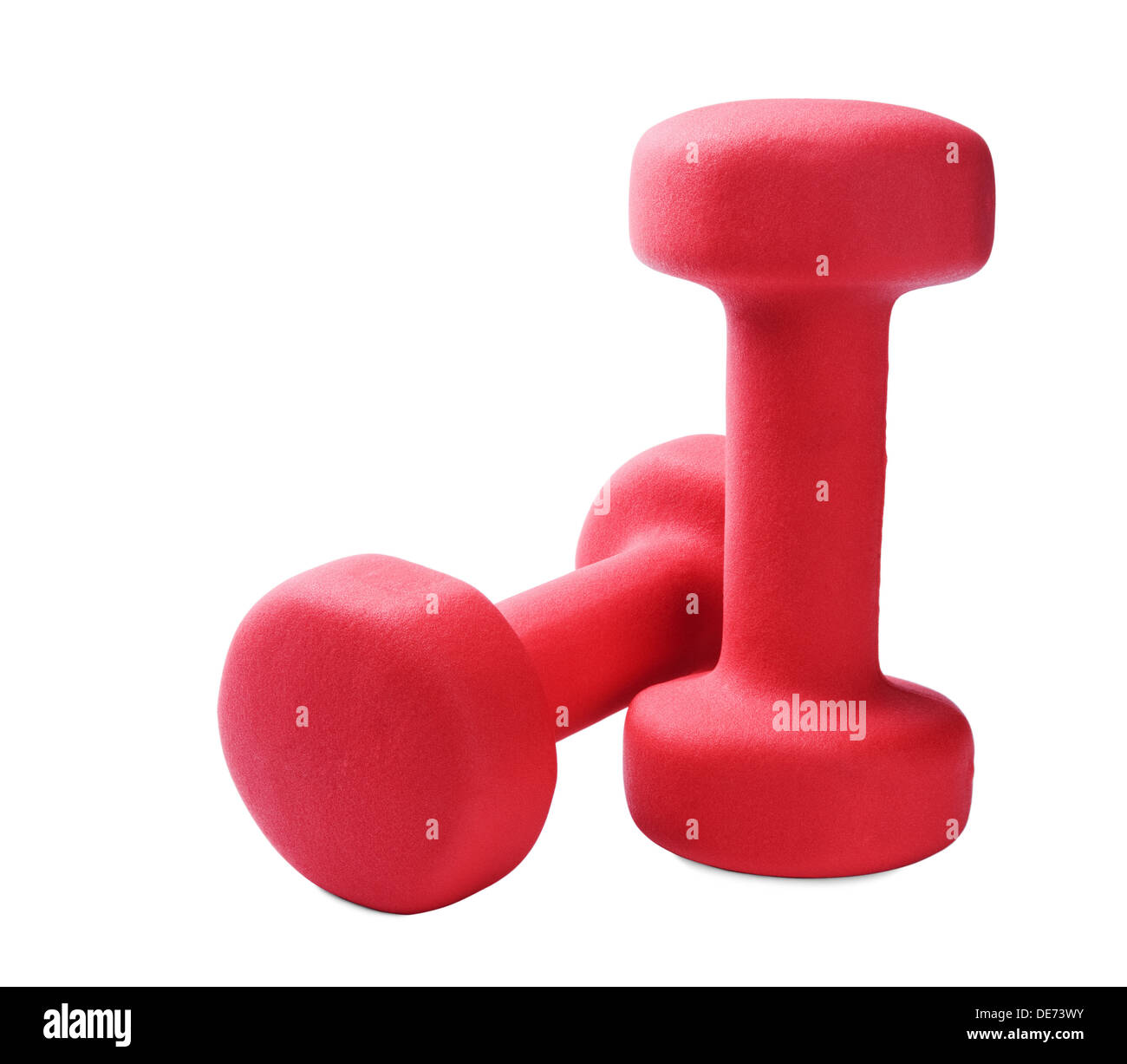 Two red plastic coated dumbells isolated on white Stock Photo