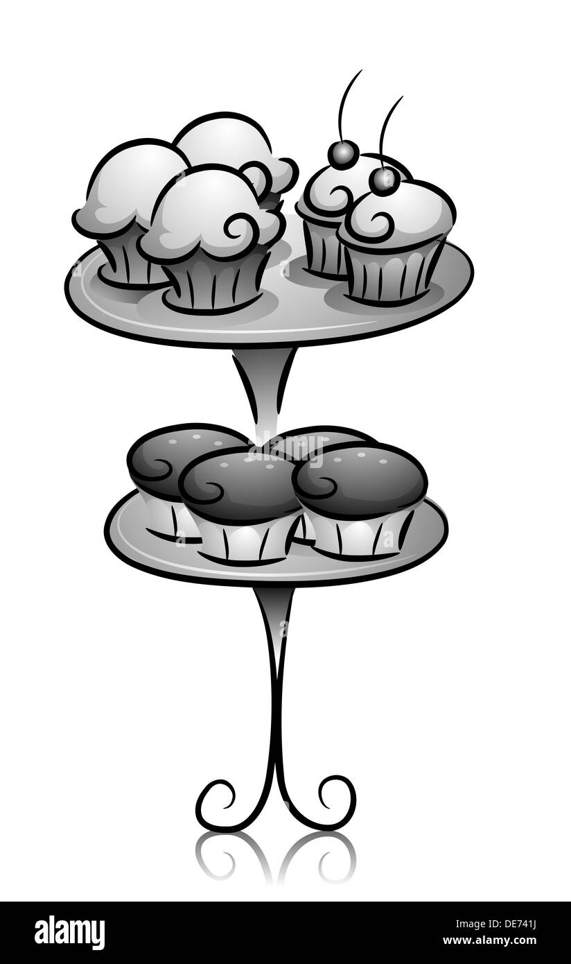 Illustration of Cupcakes on Cupcake Stand in Black and White Stock