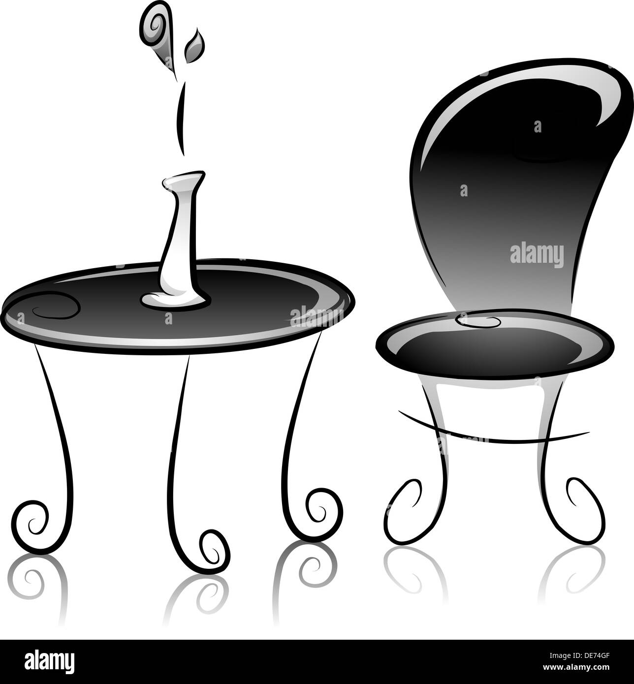 Illustration of Flower Vase, Table and Chair in Black and White Stock