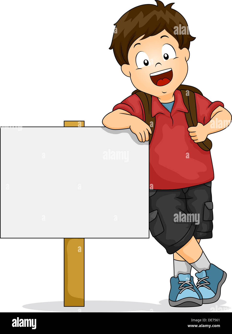 Illustration of Kid Boy Leaning on Blank Signboard Stock Photo - Alamy