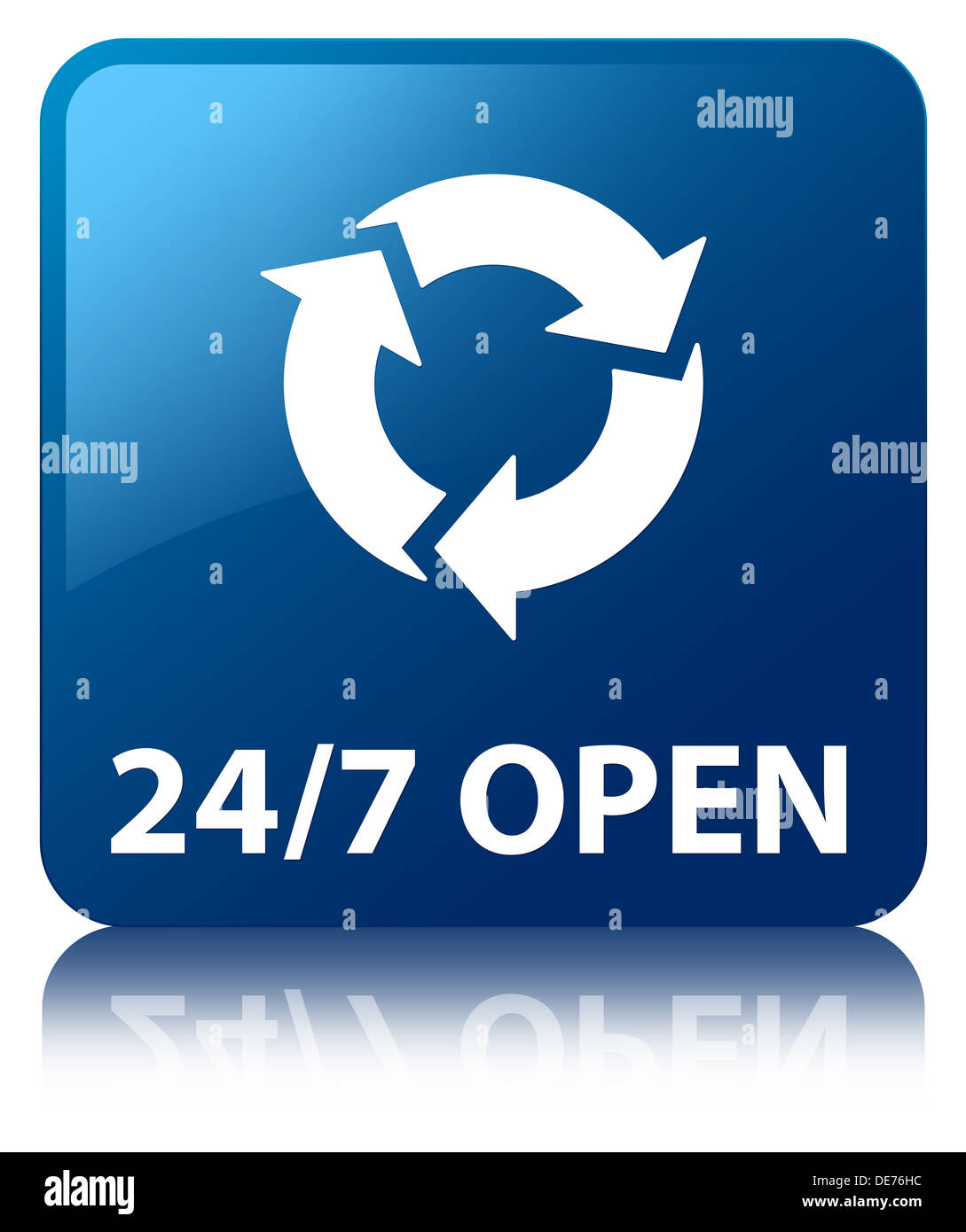 24/7 Open glossy blue square button Stock Photo