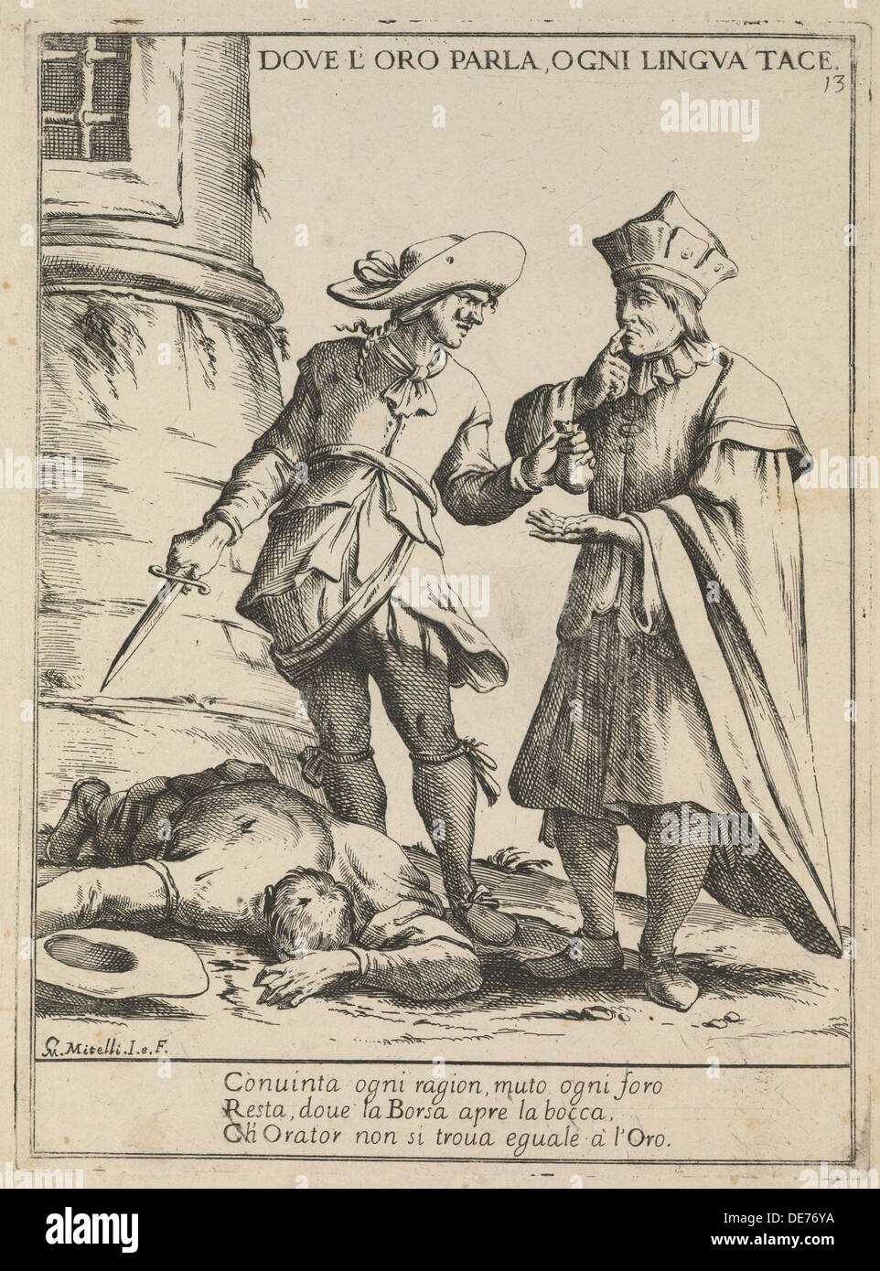 Where gold speaks, every tongue is silent. (Dove l'oro parla, ogni lingua tace), 1678. Artist: Mitelli, Giuseppe Maria (1634-1718) Stock Photo